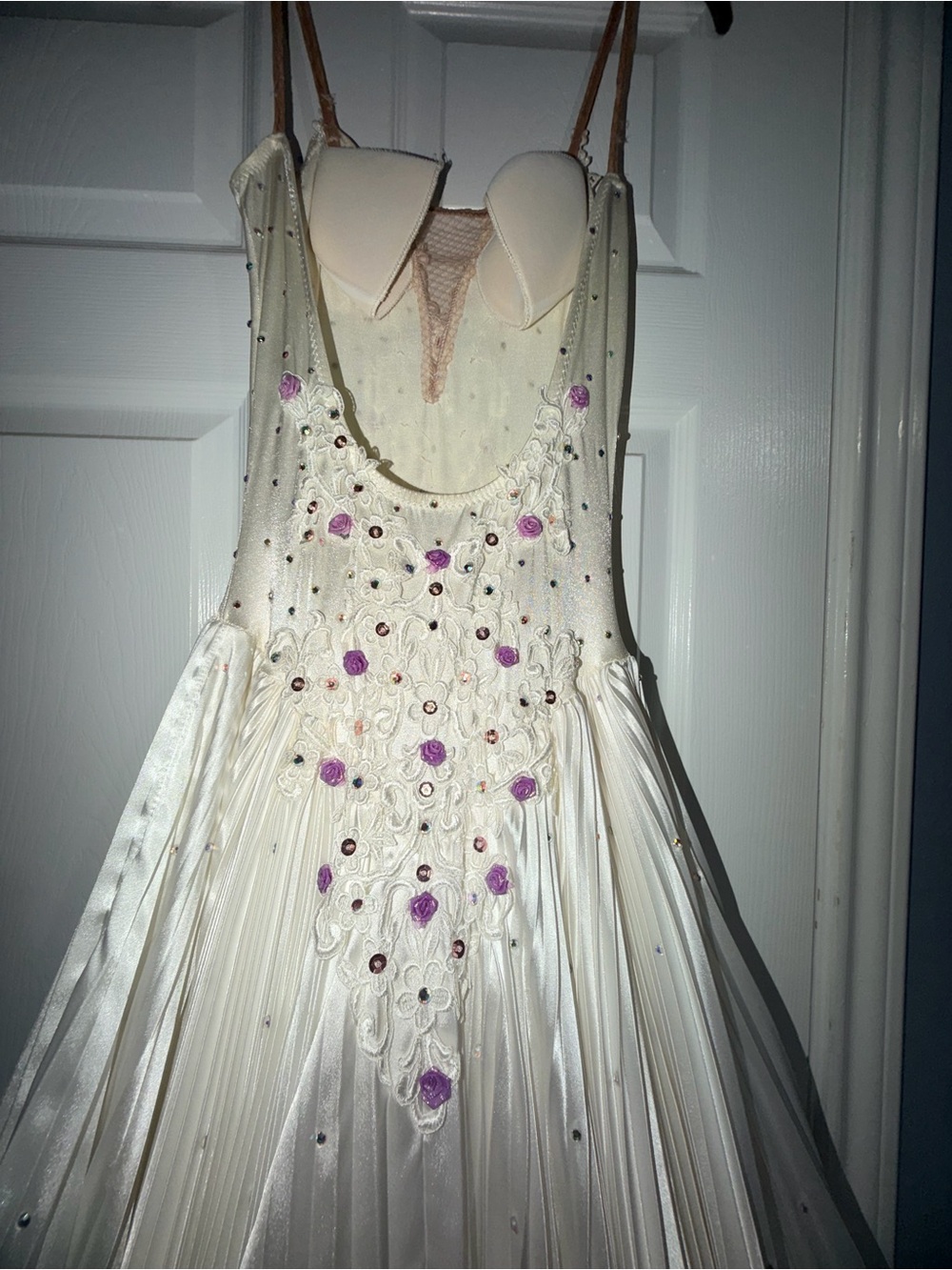 Ivory ostrich Feather-Trim Satin Maxi Dress with Lilac Accents - Picture 5 of 5